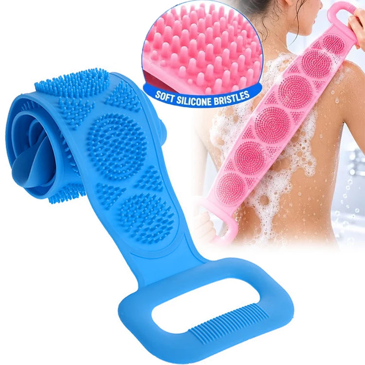 Blue double-handle silicone back scrubber with soft silicone bristles