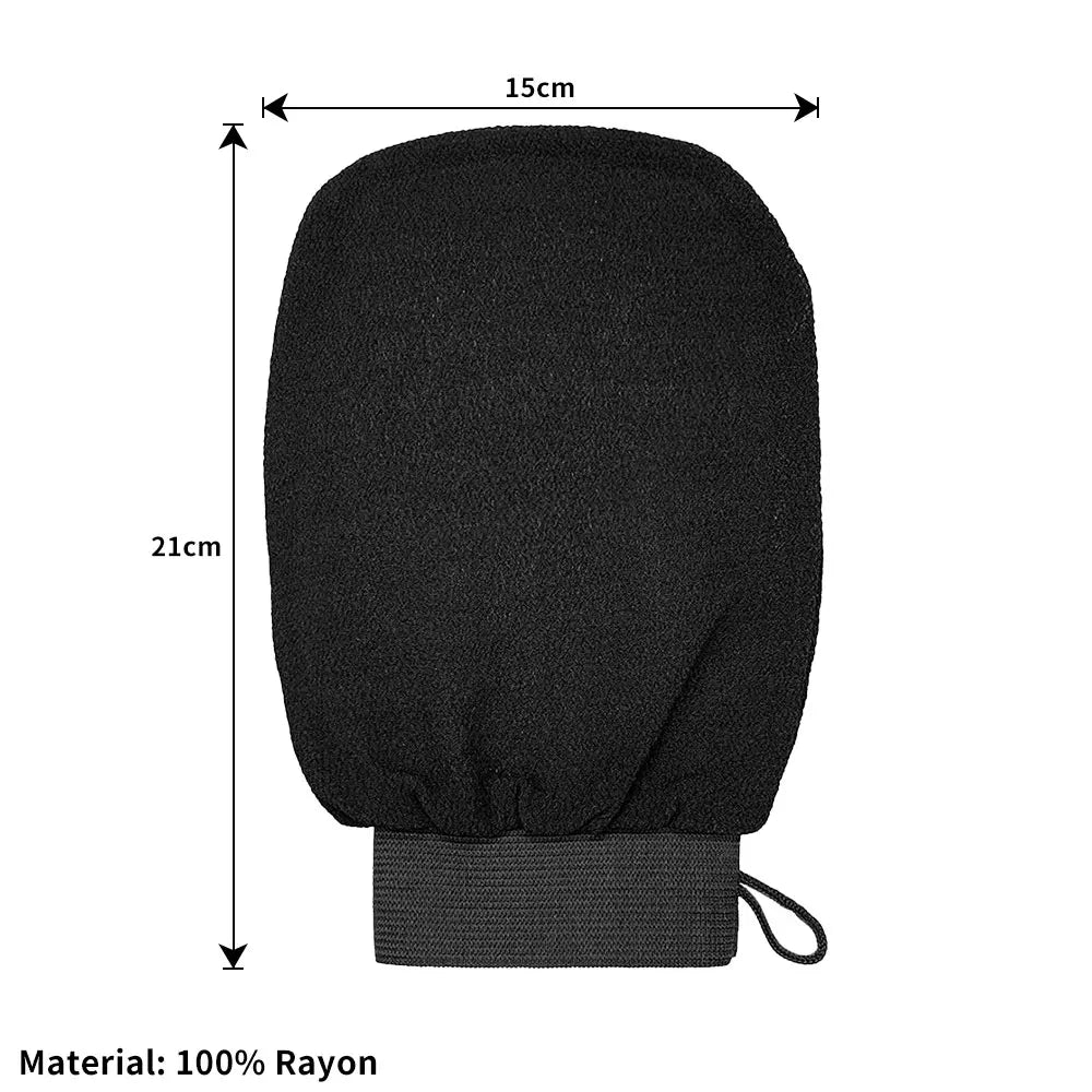Black textured exfoliating body mitt, about 15 x 21 cm