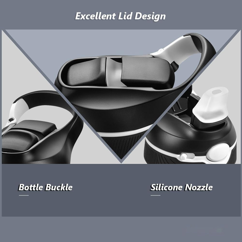 Close-up of the water bottle lid showing the carry buckle and silicone straw nozzle (supplier close-up: lid shown in black, while the main photo shows a smoke-gray lid)