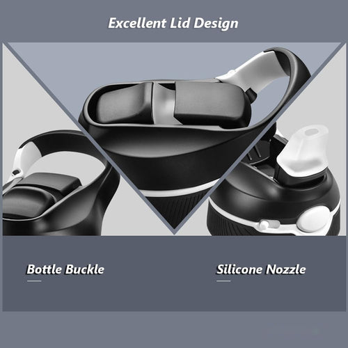 Close-up of the water bottle lid showing the carry buckle and silicone straw nozzle (supplier close-up: lid shown in black, while the main photo shows a smoke-gray lid)