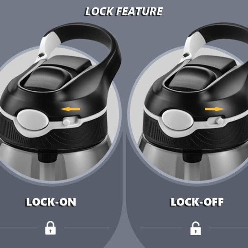 Lid lock shown in lock-on and lock-off positions (supplier close-up: lid shown in black, while the main photo shows a smoke-gray lid)