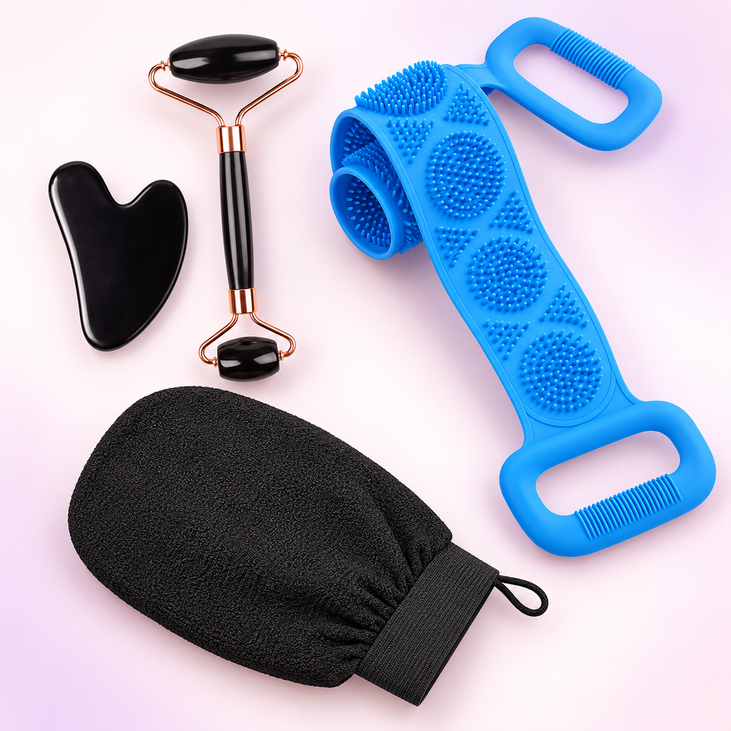 Glow Duo complete set: black face roller, black gua sha, blue silicone back scrubber and black exfoliating mitt.