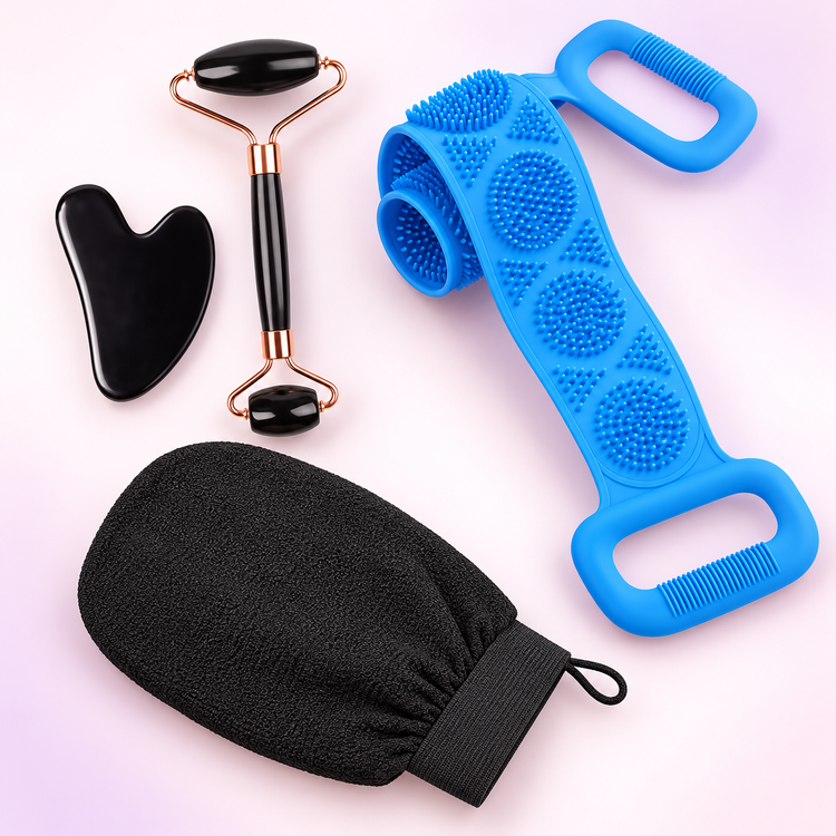 Glow Duo complete set: black face roller, black gua sha, blue silicone back scrubber and black exfoliating mitt.