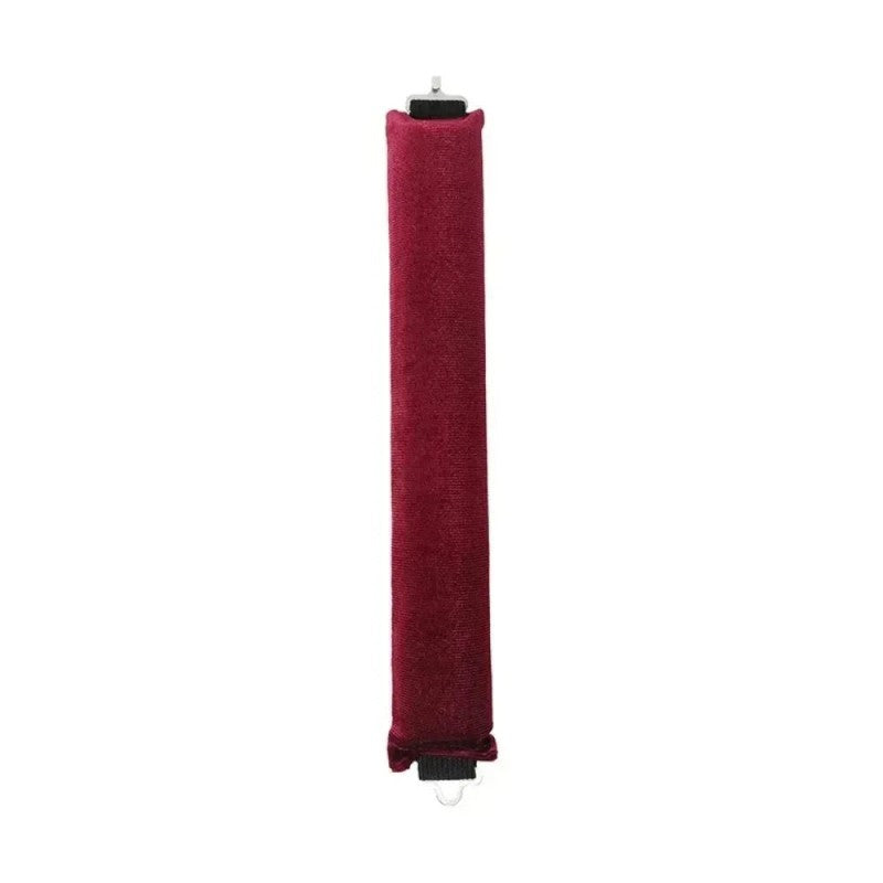 One burgundy heatless curling rod with a soft-touch fabric cover and metal end hooks