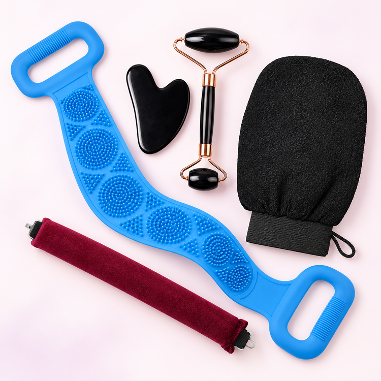 Self-Care Night Set: black face roller and gua sha, blue silicone back scrubber, black exfoliating mitt, and burgundy heatless curling rod.